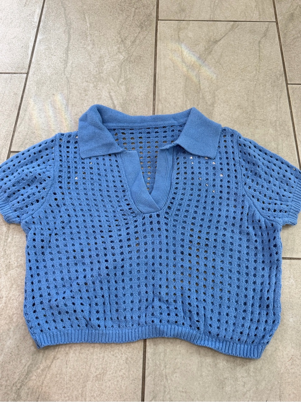 Light Blue Crochet Knit Polo Top